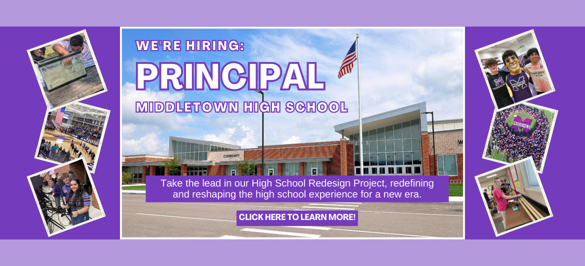 Graphic shows a picture of Middletown High School's exterior with text that reads "we're hiring: principal, Middletown High School"